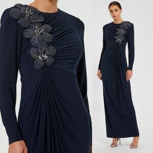 Mac Duggal NEW Navy Jersey Long Sleeve Fitted Gown With 3D Flowers -‎ Size 4